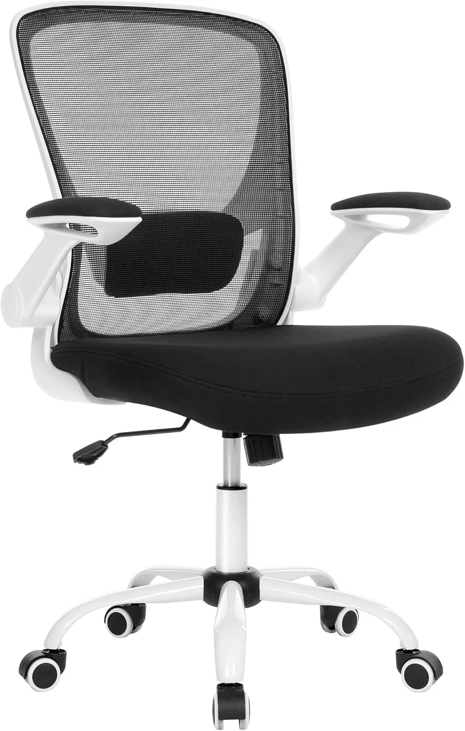 Bild von SONGMICS OBN37WT Ergonomischer Bürostuhl mit gepolsterter Lendenwirbelstütze, Wippmechanismus, breiter Sitzfläche von 53 cm und klappbaren Armlehnen in Schwarz und Weiß