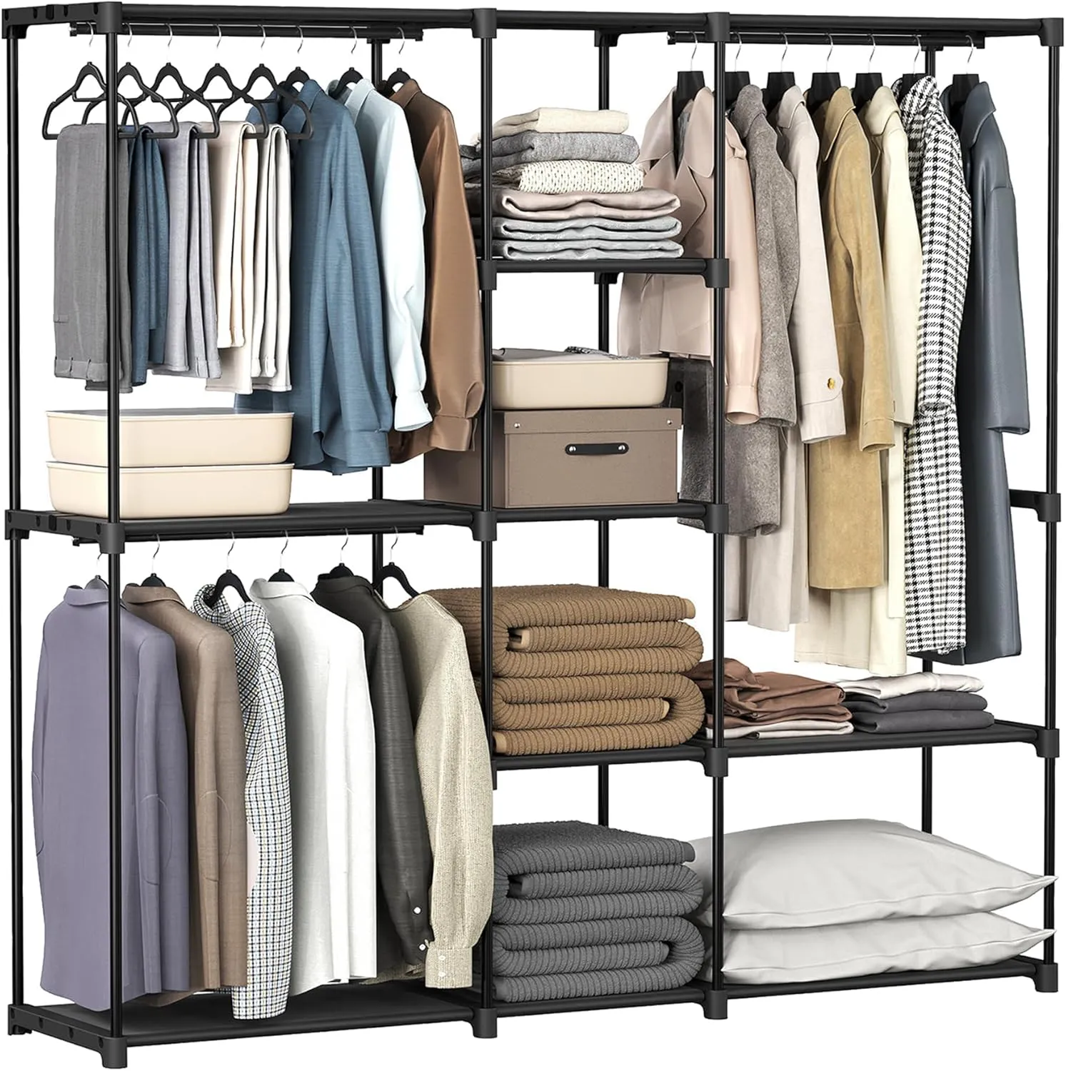 Bild von SONGMICS RYG037B02 freistehender Kleiderschrank mit Kleiderstangen und Stoffablagen in tintenschwarz, Maße 182 x 43 x 182 cm