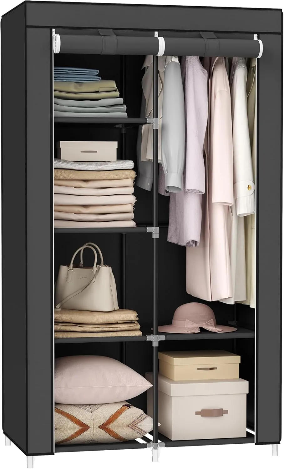 Bild von SONGMICS RYG84H Kleiderschrank aus Stoff mit 6 Ablagen und verschiedenen Aufbaumöglichkeiten in Schwarz, Maße 88 x 45 x 168 cm