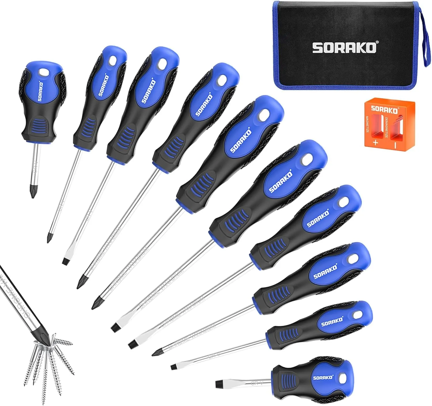 Bild von SORAKO 11-teiliges Schraubendreher Set mit magnetischen Spitzen und 2-in-1 Magnetisierer