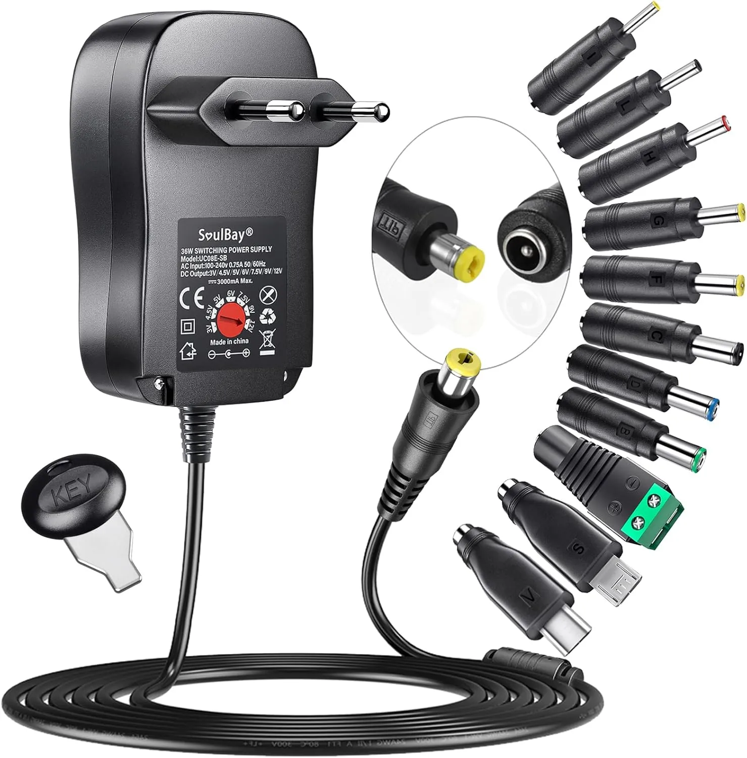 Bild von SoulBay Universal Netzteil 3V bis 12V mit 36 Watt und 11 Adaptersteckern für LED Streifen und Haushaltsgeräte