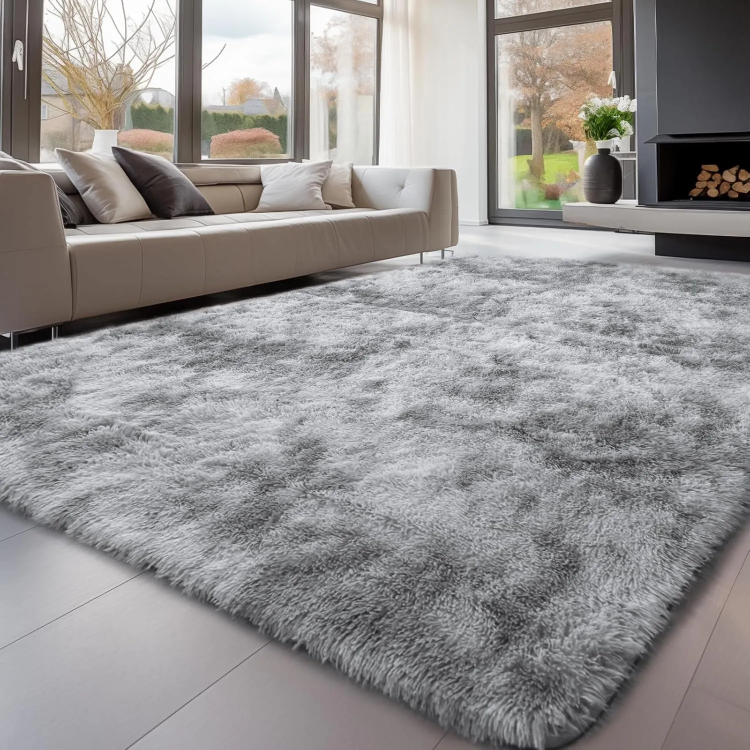 Bild von Sour Lemon Hochflor Teppich grau 140x200 cm waschbar und rutschfest für Wohnzimmer und Schlafzimmer