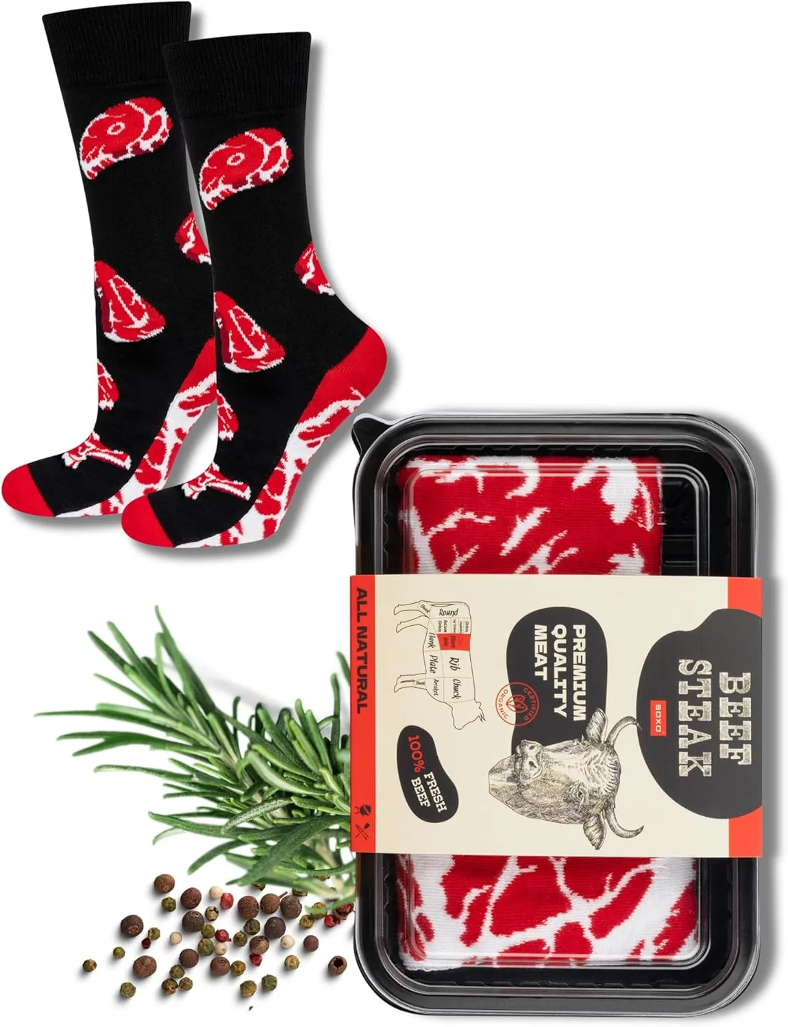 Bild von soxo Steak Socken für Männer in Größe 40 bis 45, lustiges Geschenk aus Baumwolle