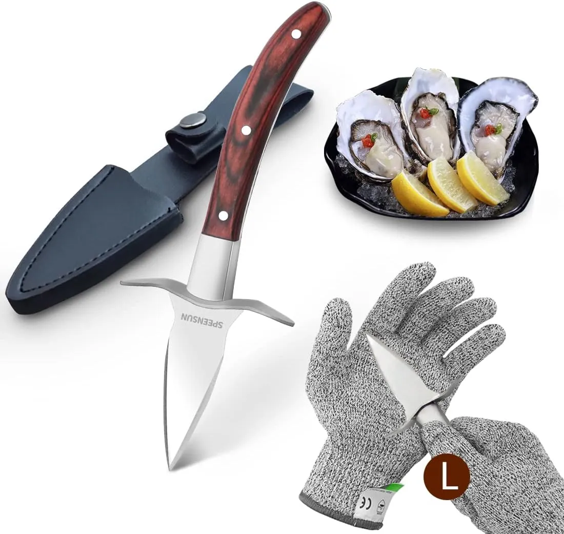 Bild von SPEENSUN Austernmesser Set mit Premium Holzgriff und Schutzhandschuh der Schutzstufe 5