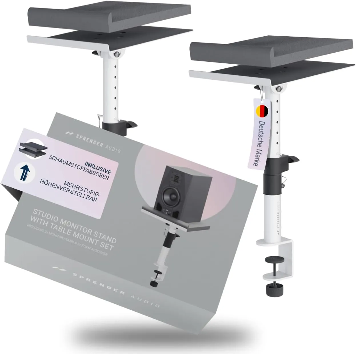 Bild von Sprenger Audio Lautsprecher Ständer Set mit Tischhalterung und Schaumstoffabsorber, neigbar bis 20 Grad, belastbar bis 28 kg, ideal für Schreibtisch und Tonstudio
