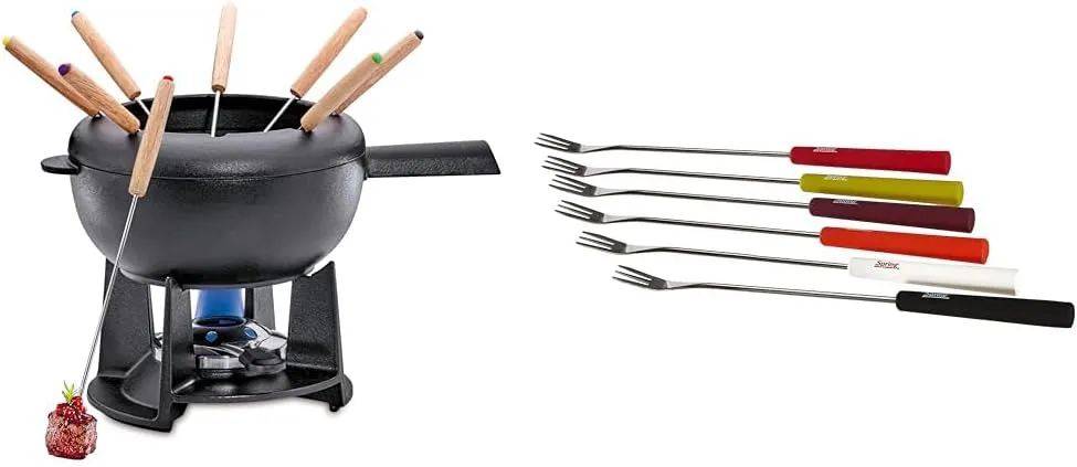 Bild von Spring Gusseisen Fondue Set mit 20 cm Durchmesser und 6 bunten Käsefondue-Gabeln aus Edelstahl