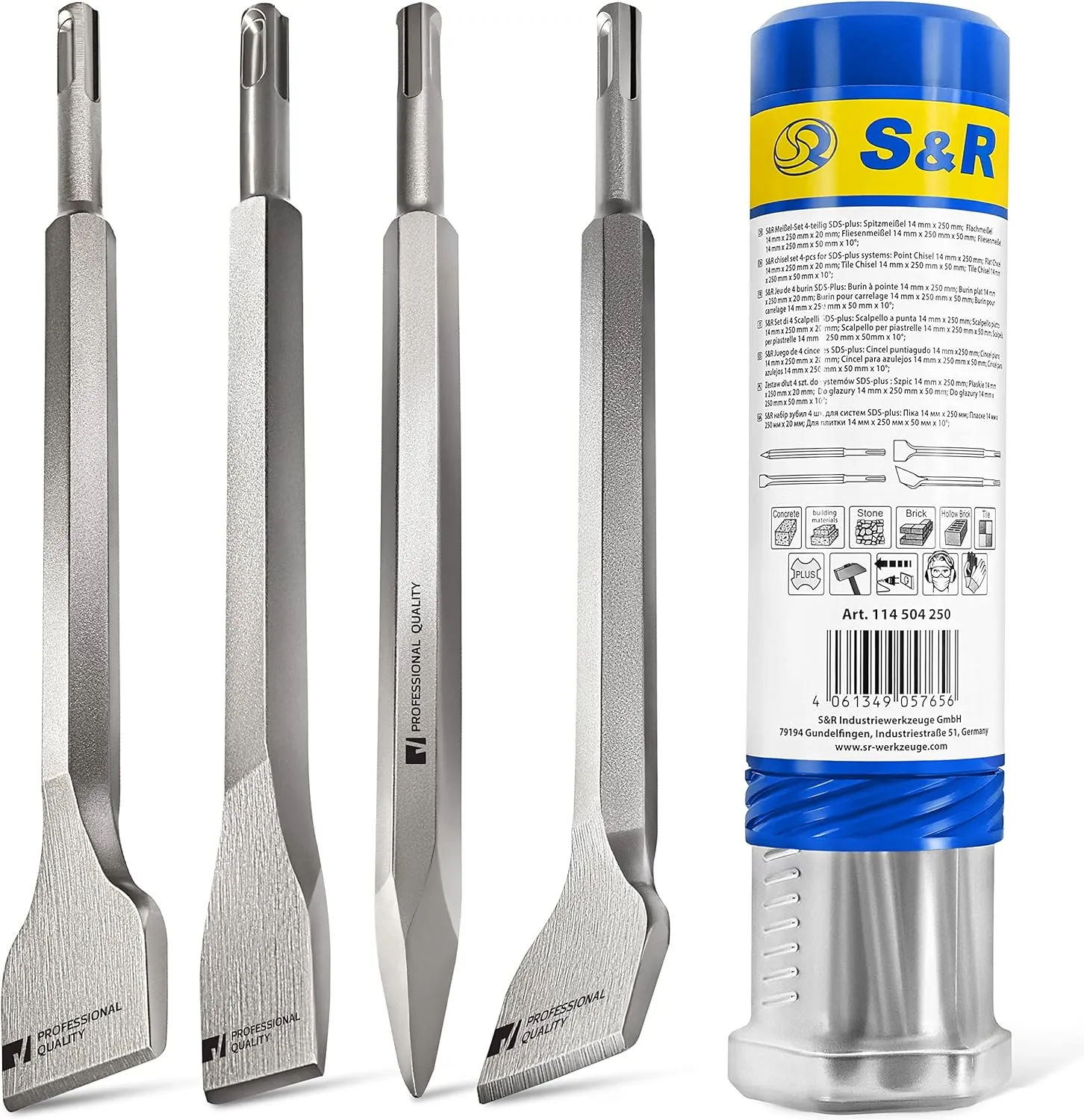 Bild von S&R 4-teiliges Bohrhammer Meißel-Set SDS-plus aus hitzegehärtetem Stahl für Beton und Mauerwerk
