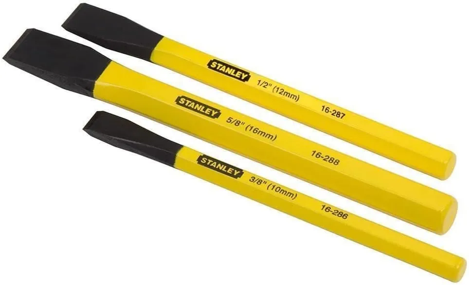 Bild von STANLEY 4-18-298 Präzisionsflachmeißel-Set mit 3 Teilen aus Chrom-Vanadium Stahl in den Größen 10x140 mm, 12x150 mm und 16x170 mm