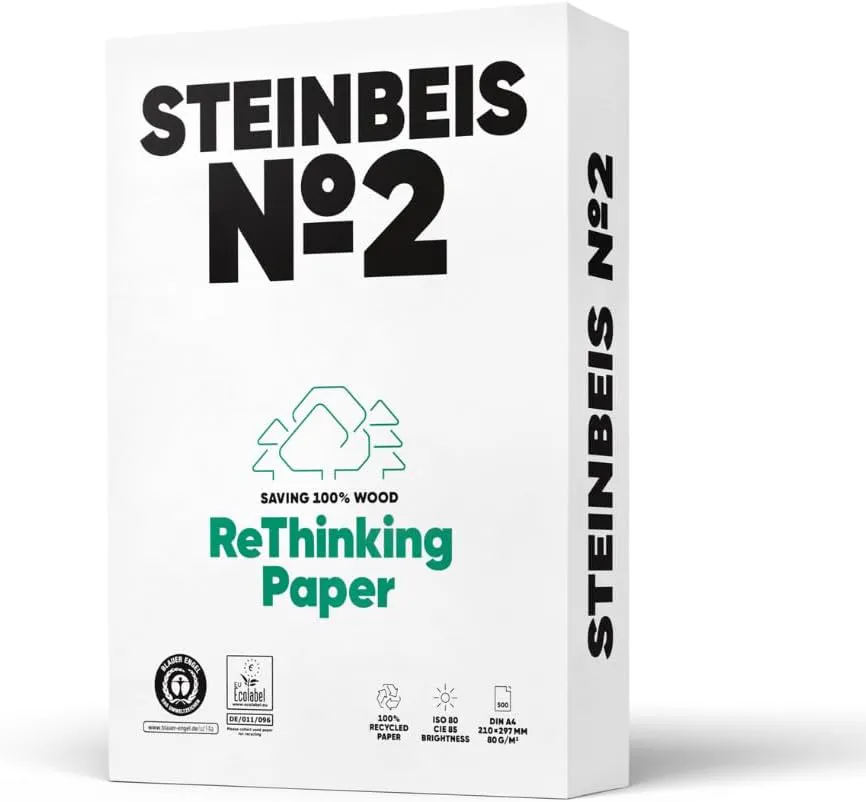 Bild von Steinbeis No. 2 Druckerpapier DIN A4 Recyclingpapier mit 80 g/m² in Weiß, 2500 Blatt in 5 Packungen à 500 Blatt