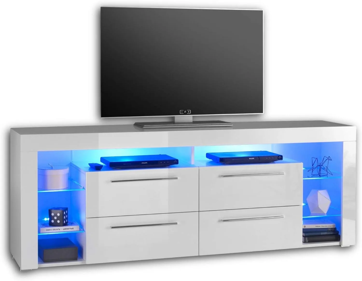 Bild von Stella Trading GOAL TV-Lowboard in Hochglanz Weiß mit blauer LED-Beleuchtung und viel Stauraum, Maße 179 x 67 x 44 cm