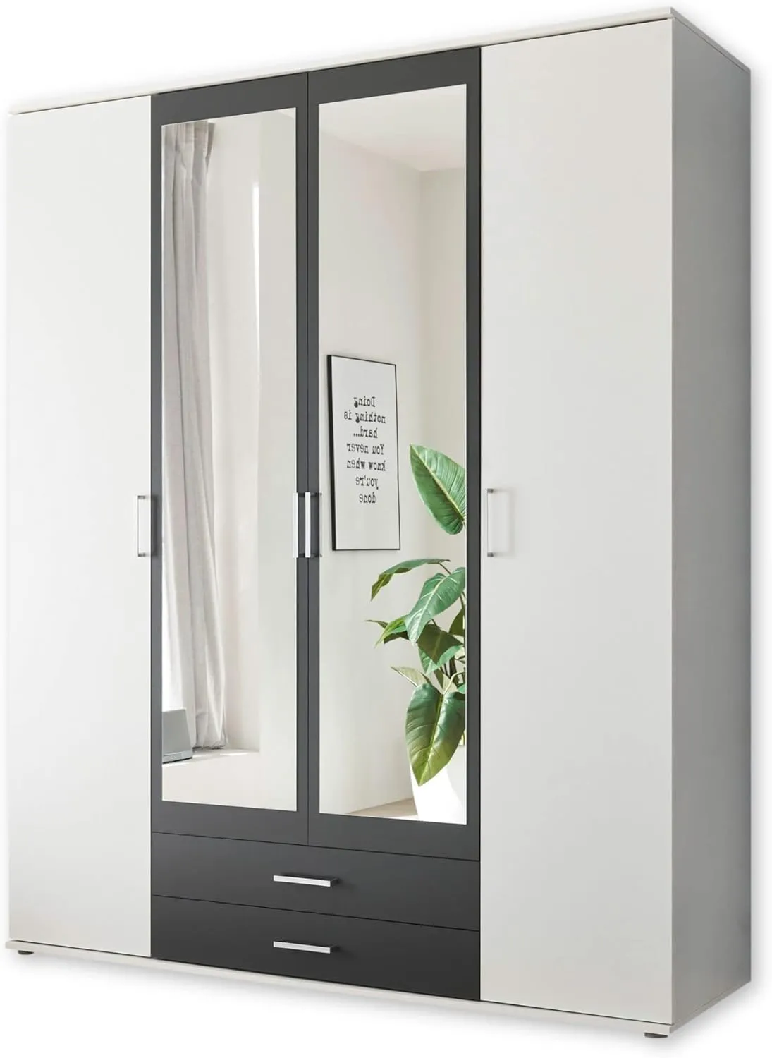 Bild von Stella Trading Hanau Kleiderschrank mit Spiegeltür in Weiß und Graphit, 4-türig, 160 x 196 x 54 cm