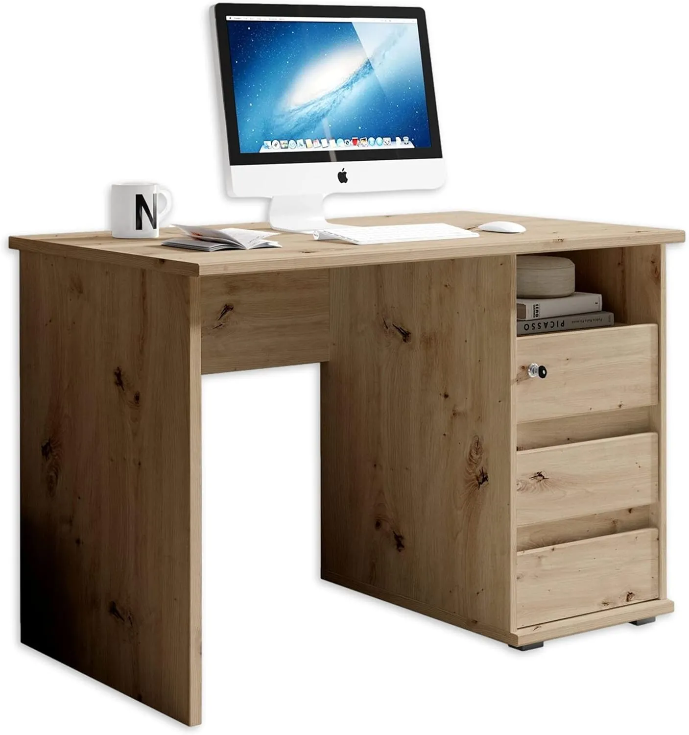 Bild von Stella Trading Schreibtisch in Artisan Eiche Optik mit Schubladen und offenem Ablagefach, 110 x 75 x 65 cm