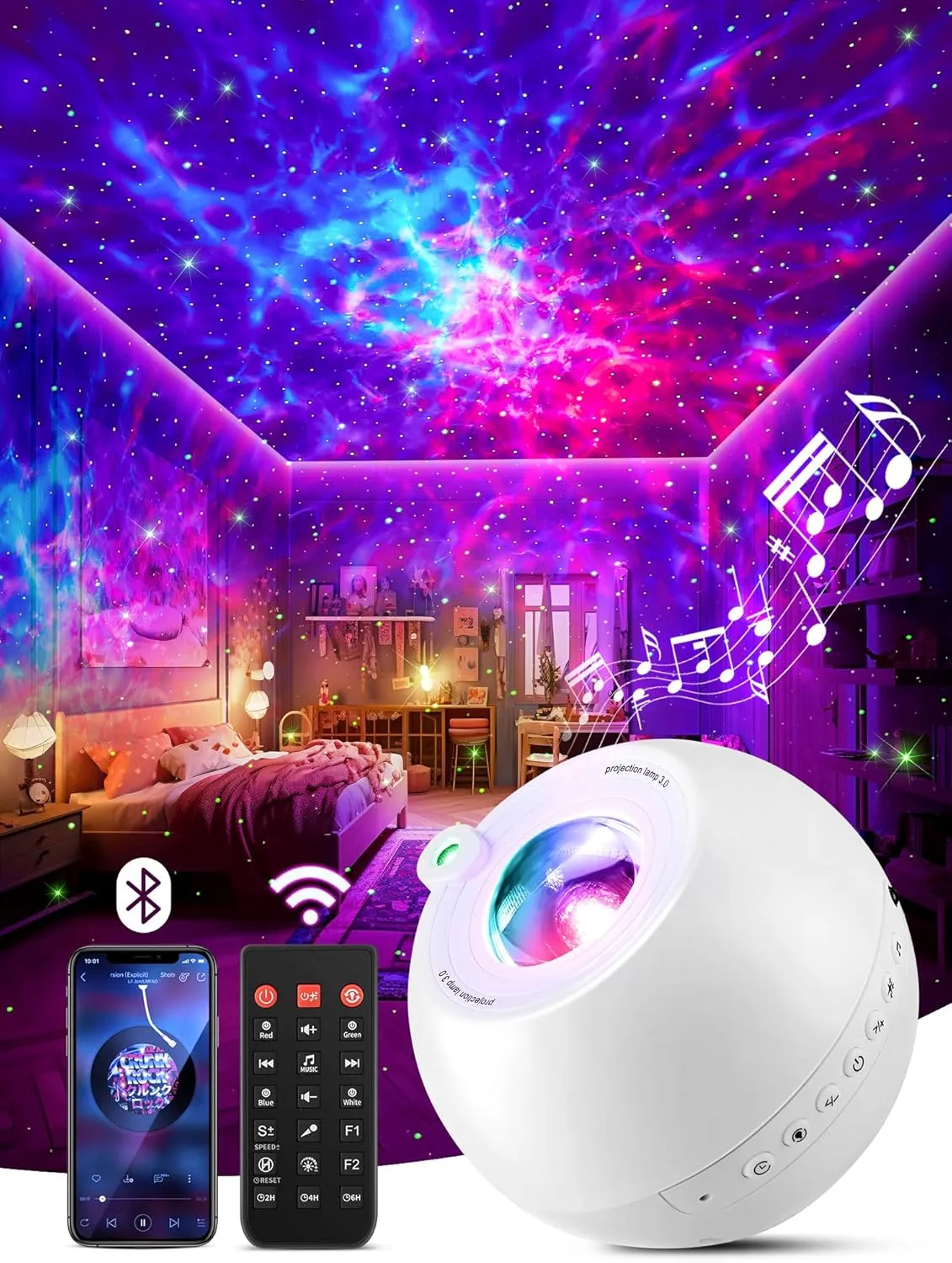 Bild von Sternenhimmel Projektor mit 15 Lichtfarben und Musik, inklusive Bluetooth und Fernsteuerung