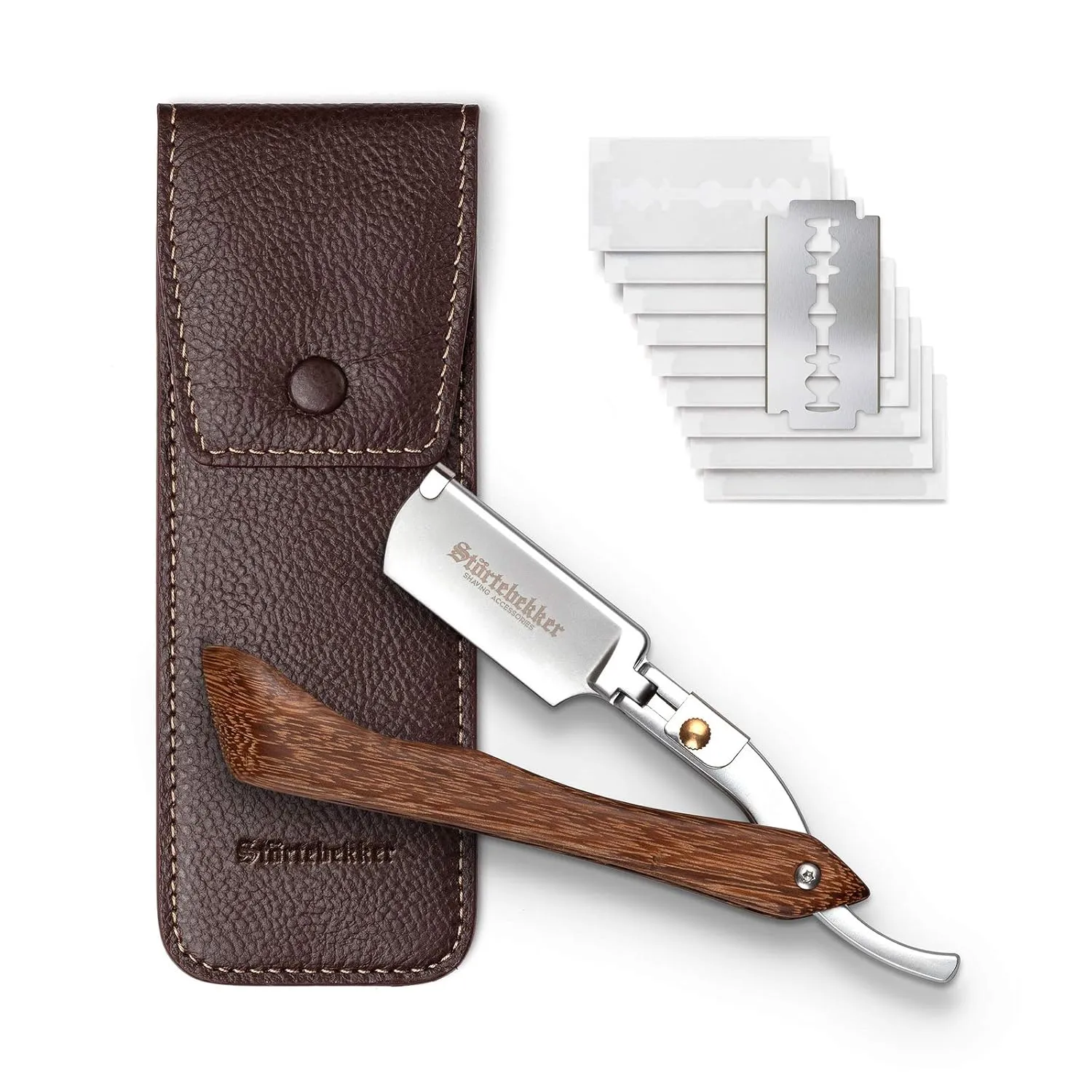 Bild von Störtebekker Premium Rasiermesser Set mit Holzgriff und Lederetui inklusive Alaunstift, Rasurguide und 10 Klingen