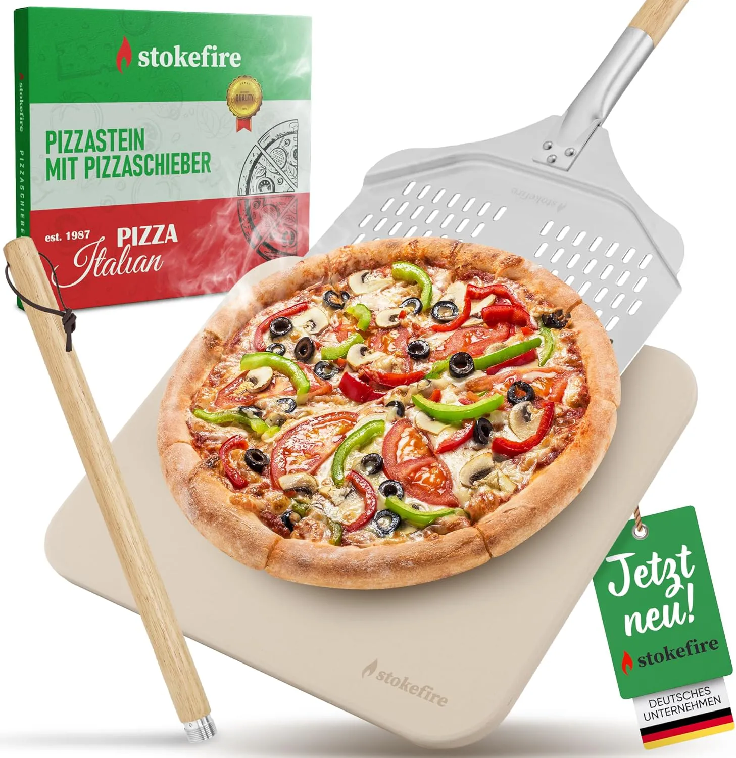 Bild von STOKEFIRE Premium Pizzastein für Backofen und Grill mit Pizzaschieber