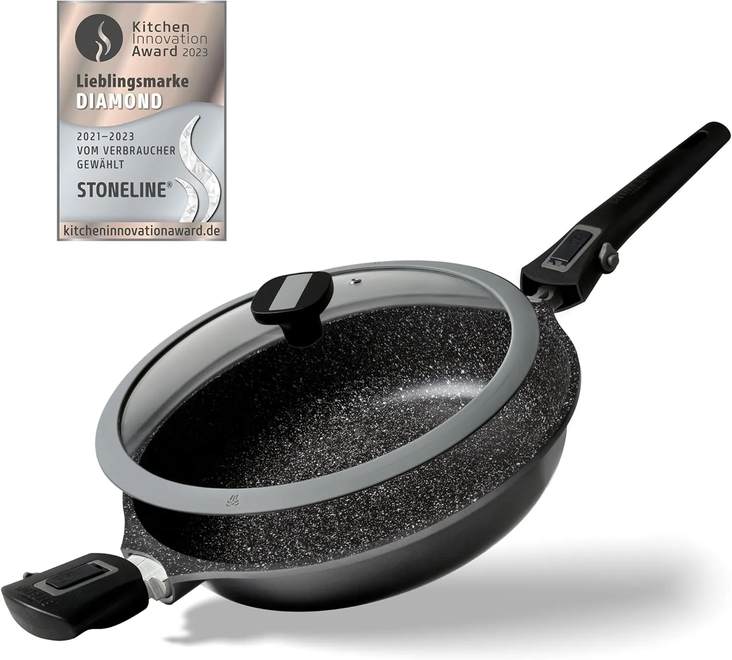 Bild von Stoneline Imagination Plus Schmorpfanne mit 28 cm Durchmesser und abnehmbarem Griff, ideal für fettfreies Braten und induktionsgeeignet.