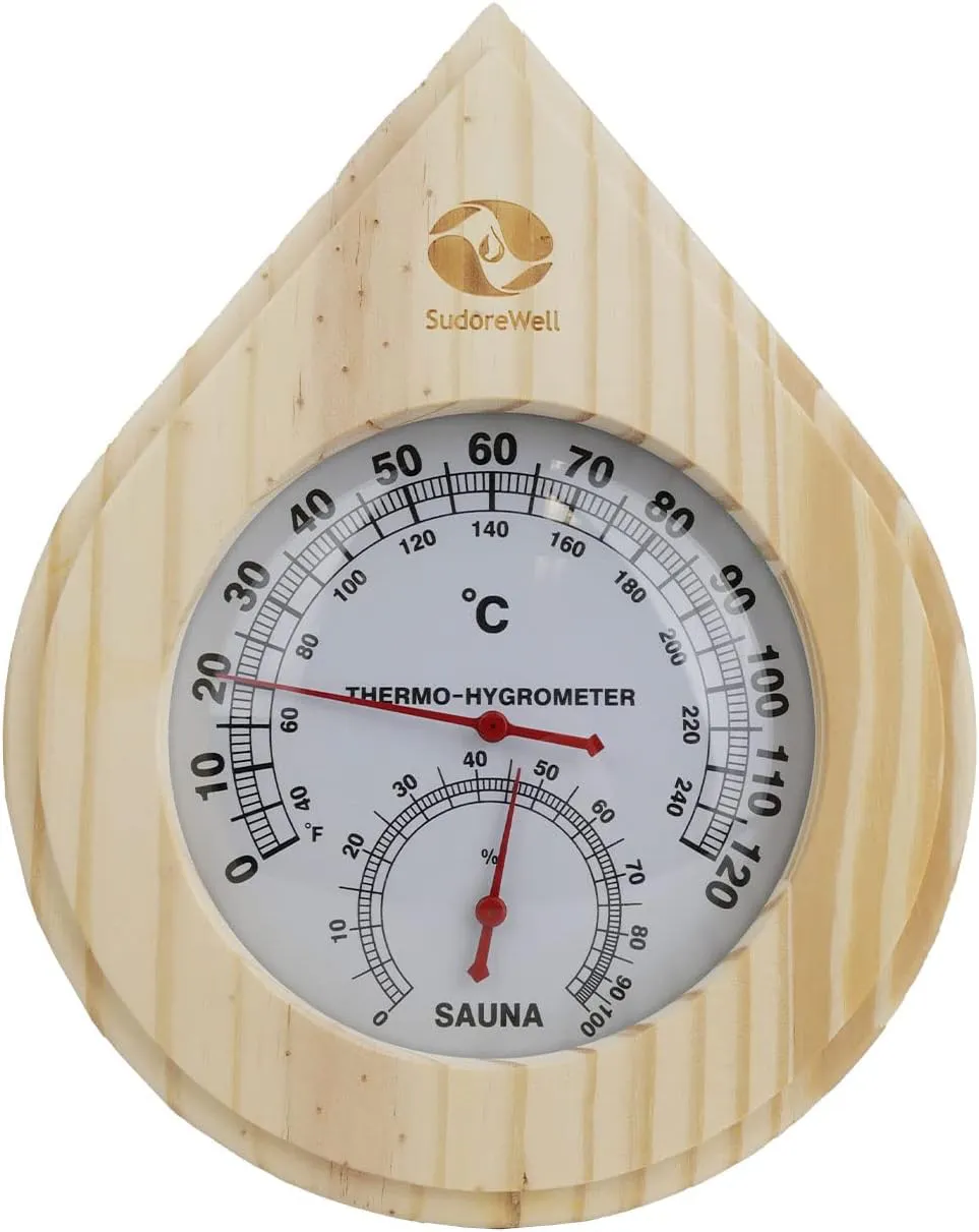 Bild von SudoreWell Sauna Klimamesser aus hellem Kiefernholz mit Thermometer und Hygrometer