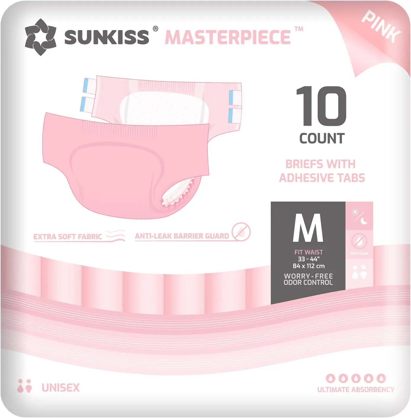 Bild von SUNKISS Masterpiece Einweg Windeln für Erwachsene in Größe M, 10 Stück, rosa, mit ultimativer Saugfähigkeit und Auslaufschutz