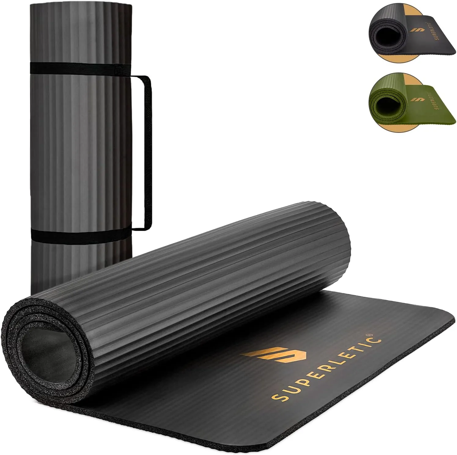 Bild von SUPERLETIC Yogamatte und Gymnastikmatte in Schwarz oder Grün, rutschfest und hautfreundlich, erhältlich in 0,8 cm, 1,0 cm und 1,5 cm Dicke mit Tragegurt