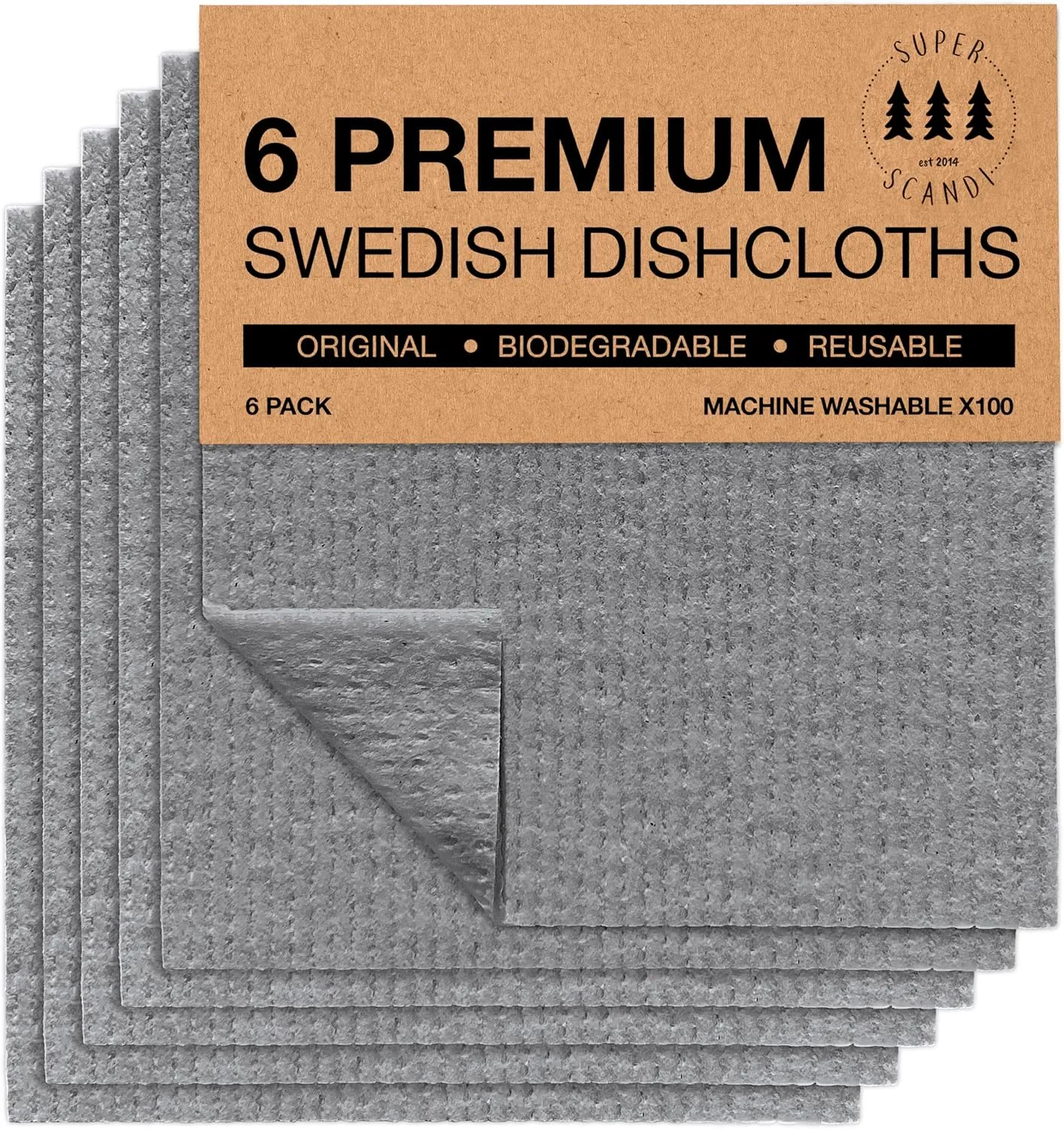 Bild von SUPERSCANDI 6er Set waschbare und wiederverwendbare schwedische Spüllappen in Grau für eine nachhaltige Küche