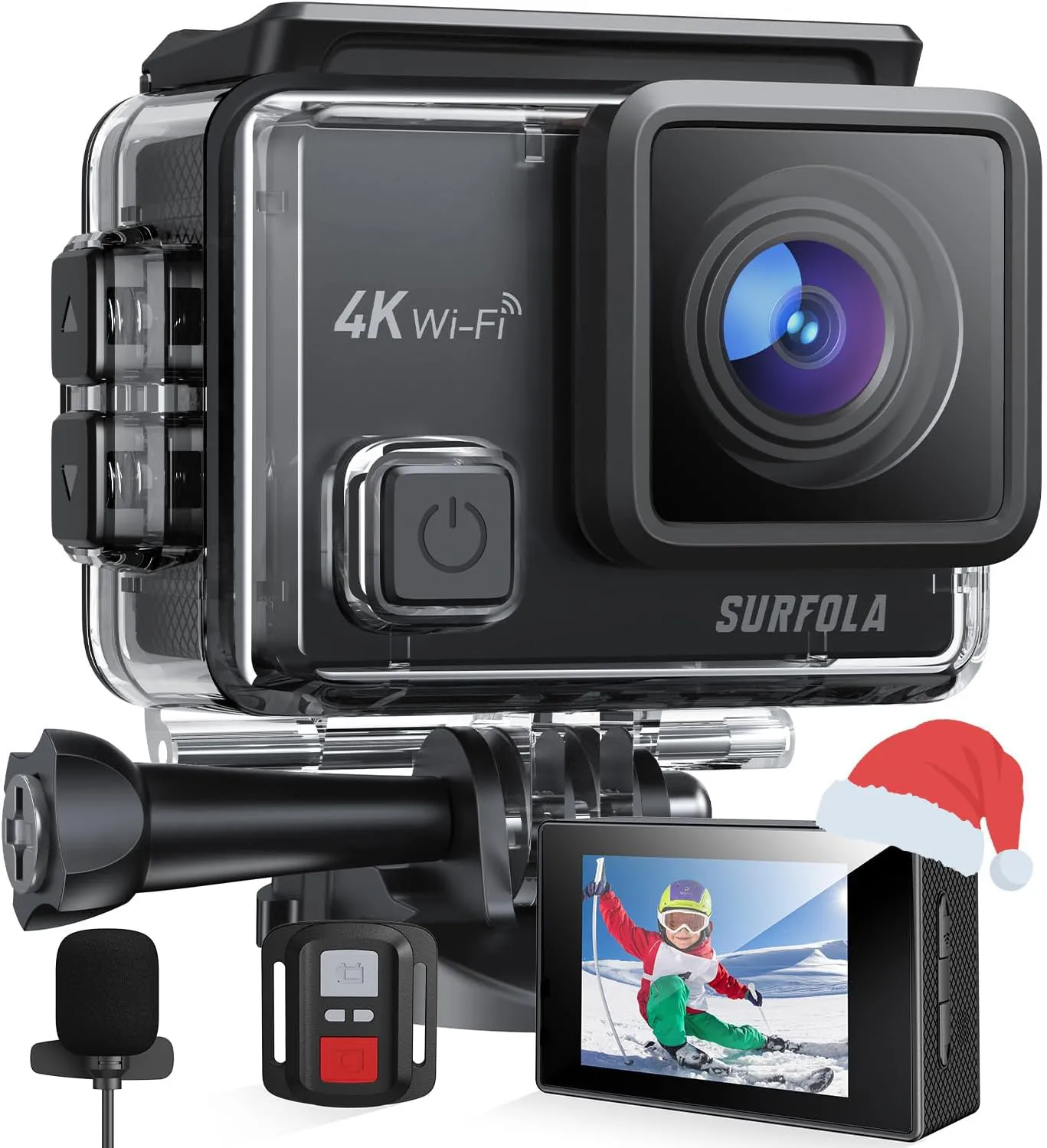 Bild von Surfola 4K Action Cam mit 20 MP, 40 Meter wasserdicht, EIS Bildstabilisierung, 170° Weitwinkel, WiFi, externem Mikrofon, 2 Akkus und Zubehörset mit Fernbedienung