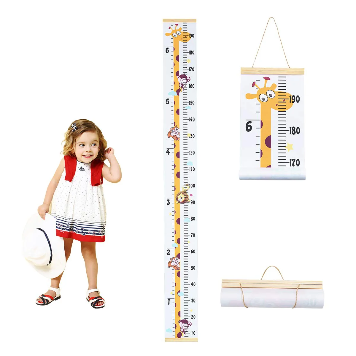 Bild von Surplex Kinderwachstumsmesslatte aus Holz mit Giraffenmotiv, aufrollbar und abnehmbar für die Wanddekoration im Kinderzimmer