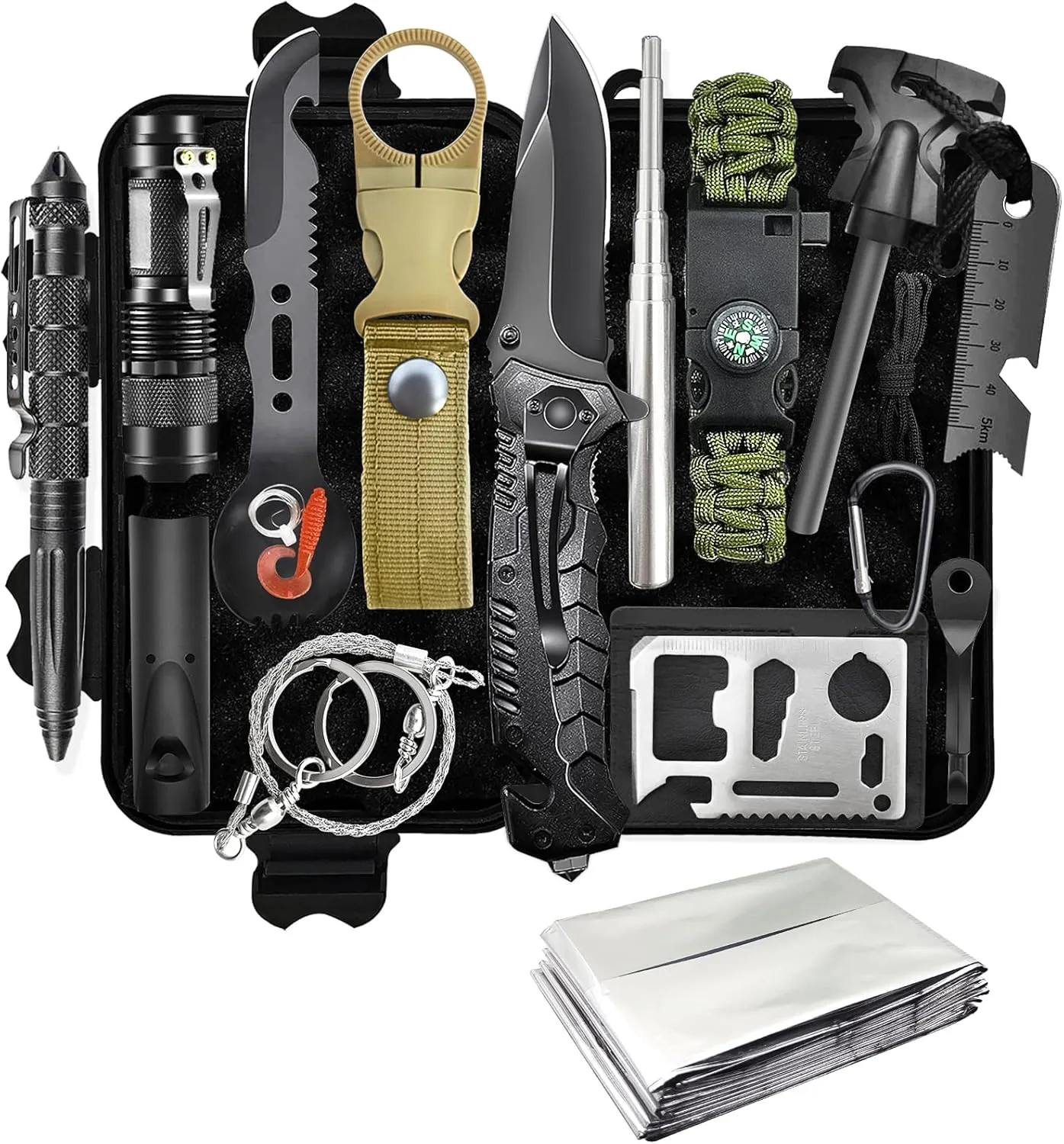 Bild von Survival Kit 13 in 1 mit Klappmesser und Taschenlampe für Outdoor Aktivitäten wie Camping, Wandern und Angeln