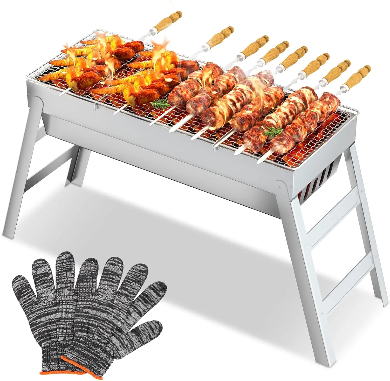 Bild von SVIPDDD tragbarer Holzkohlegrill aus Edelstahl, klappbar und kompakt für Camping, Garten und Balkon, Maße 44 x 20 x 36 cm