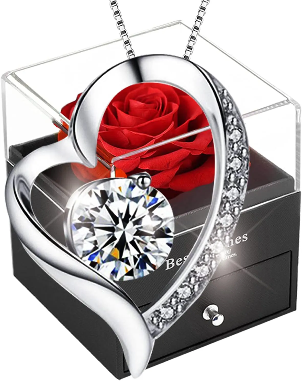 Bild von SWEETIME Rote Eternal Rose Halskette aus 925 Sterling Silber mit Herz, echtes konserviertes Blumen Geschenk für Frauen in Geschenkbox