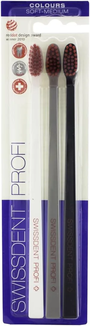 Bild von SWISSDENT PROFI GENTLE Trio Zahnbürste in Weiß, Grau und Schwarz mit extra weichen Borsten für empfindliche Zähne