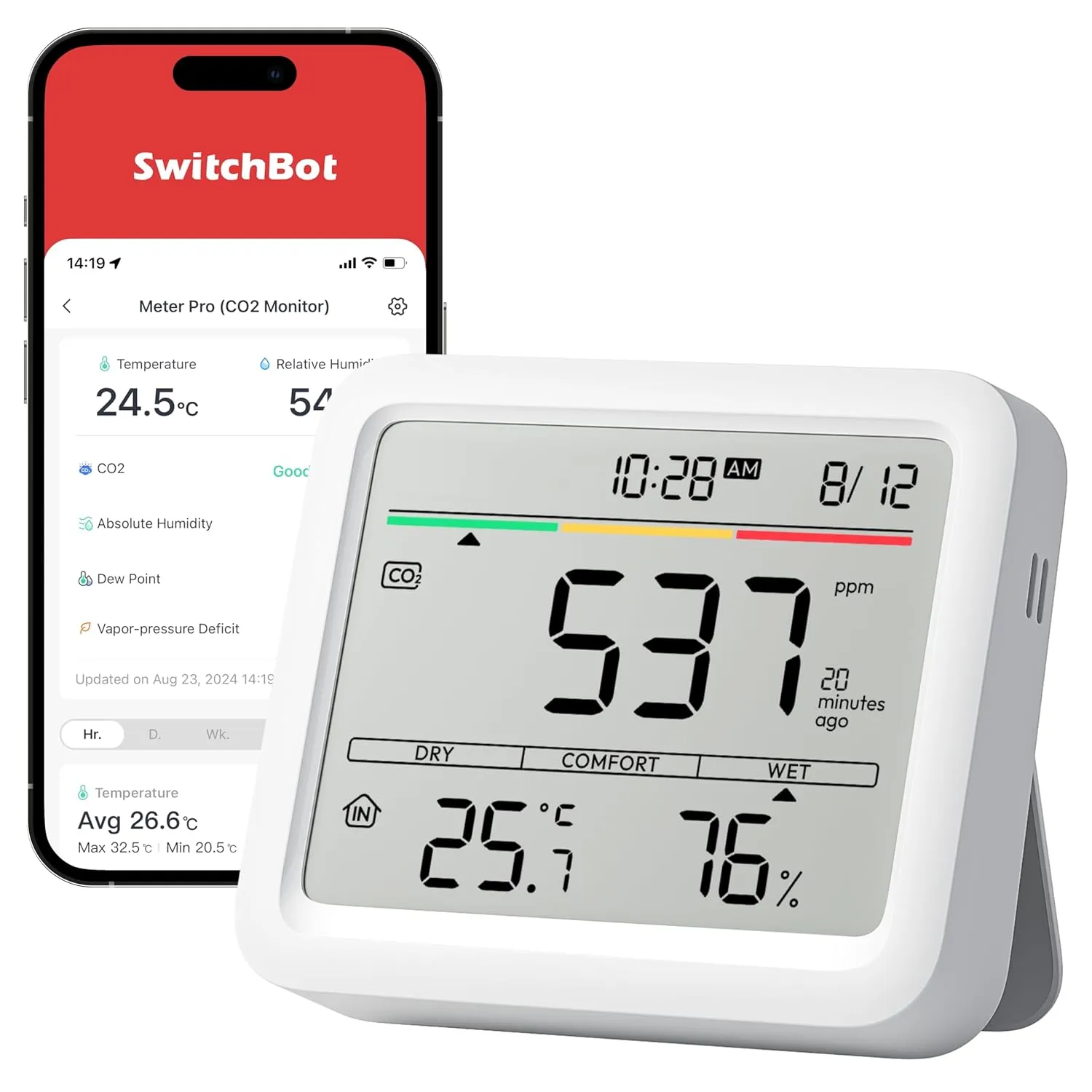 Bild von SwitchBot CO2-Melder mit Thermometer und Hygrometer, Bluetooth Sensor für Luftqualität mit CO2-Alarm und 2 Jahren Datenspeicher