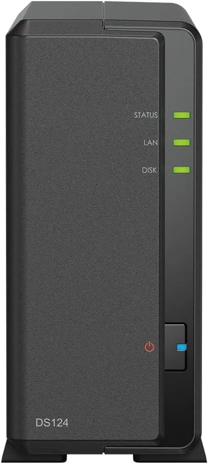 Bild von Synology DS124 NAS mit 1-Bay und 4TB Seagate IronWolf HDD, ausgestattet mit einem 1.7 GHz Quad-Core Prozessor und 1GB RAM
