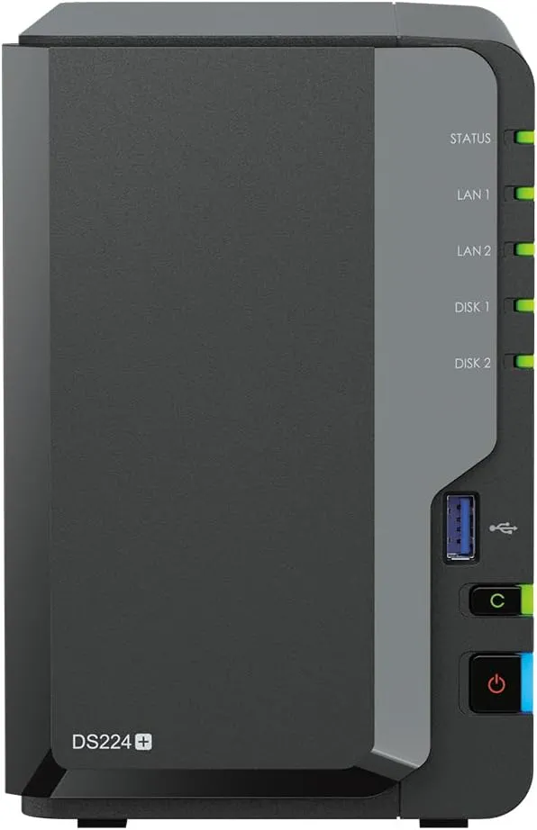 Bild von Synology DS224+ NAS mit 2 Einschüben, Intel Celeron J4125 Prozessor, 2 GB RAM und 24 TB Speicher durch 2 Seagate IronWolf HDDs