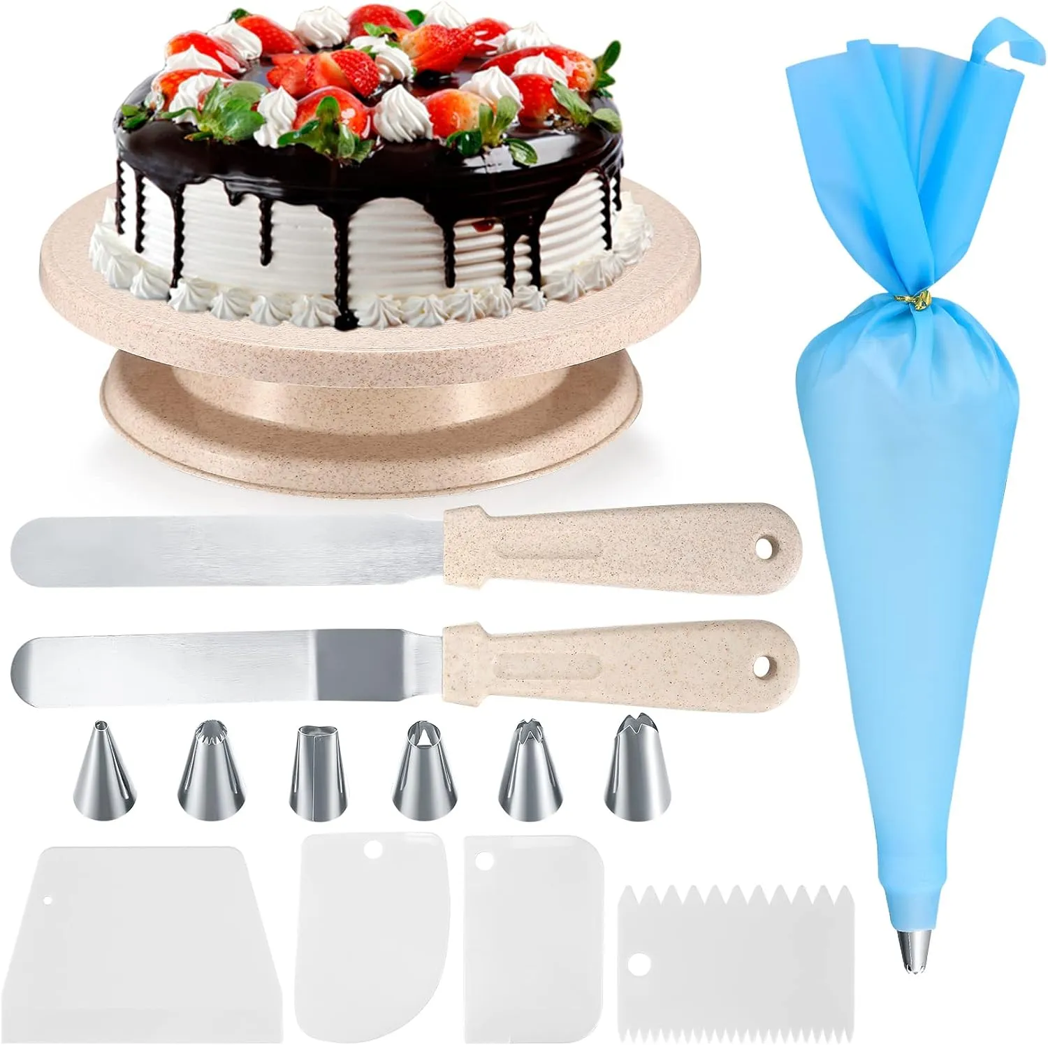 Bild von SZJYG drehbarer Tortenständer mit Kuchenschabern, Pfannenwendern, Spritzbeuteln und Spritzspitzen