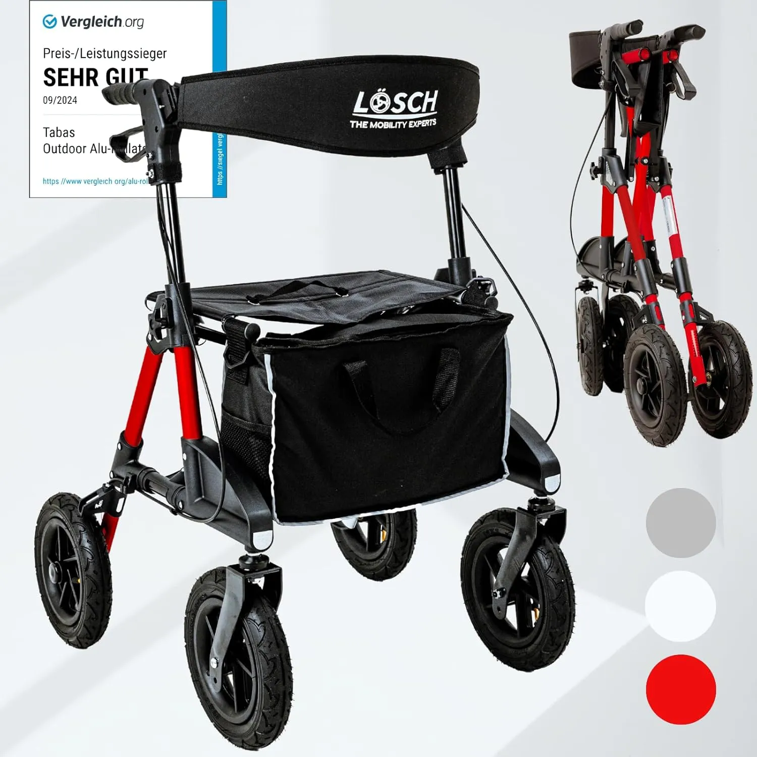 Bild von TABAS faltbarer und leichter Rollator mit Sitz für Senioren, Outdoor geeignet, mit Luftbereifung, Rückengurt, Tasche und Stockhalter von Lösch Reha