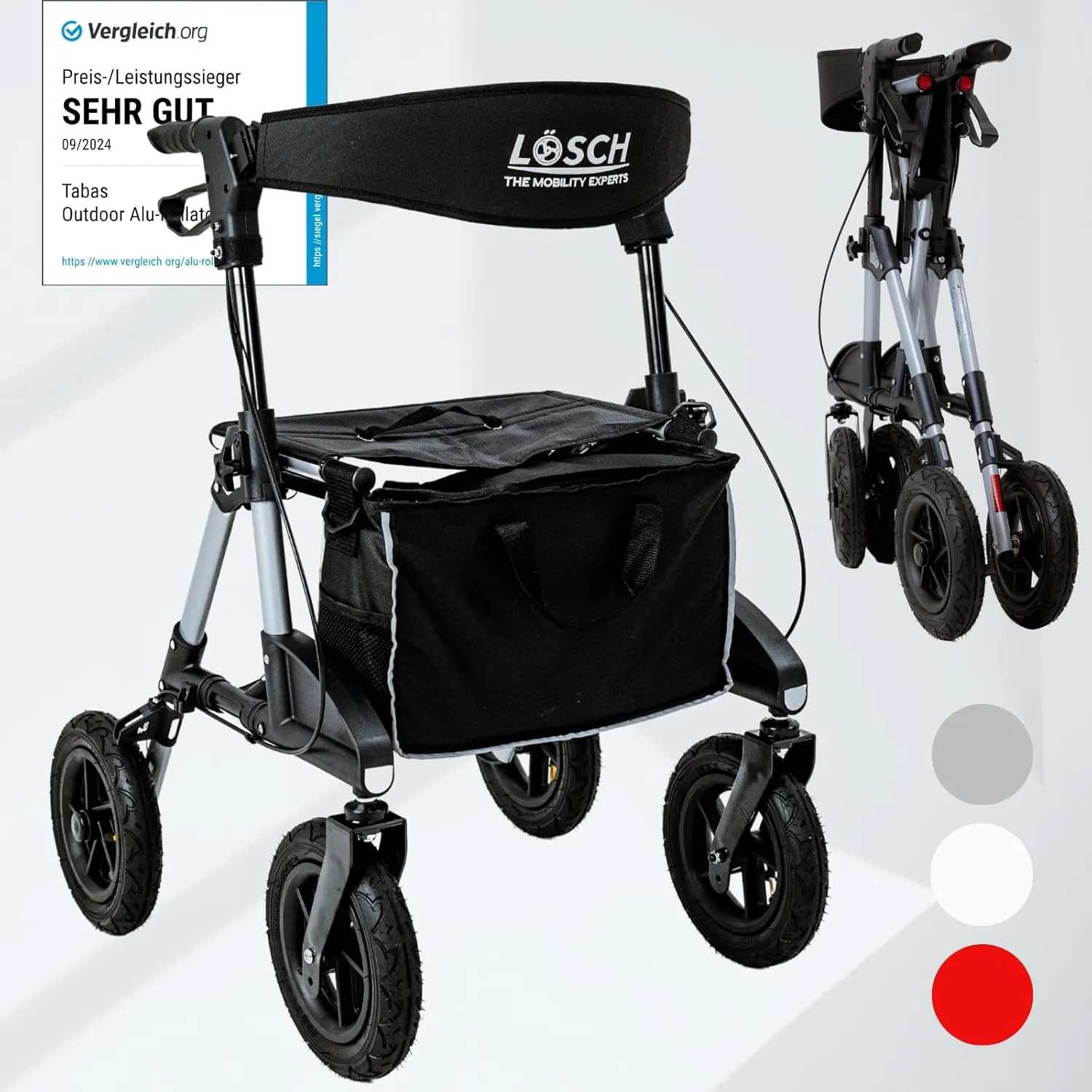 Bild von TABAS faltbarer und leichter Rollator mit Sitz für Senioren, Outdoor-tauglich, Luftbereifung, Rückengurt, Tasche und Stockhalter von Lösch Reha