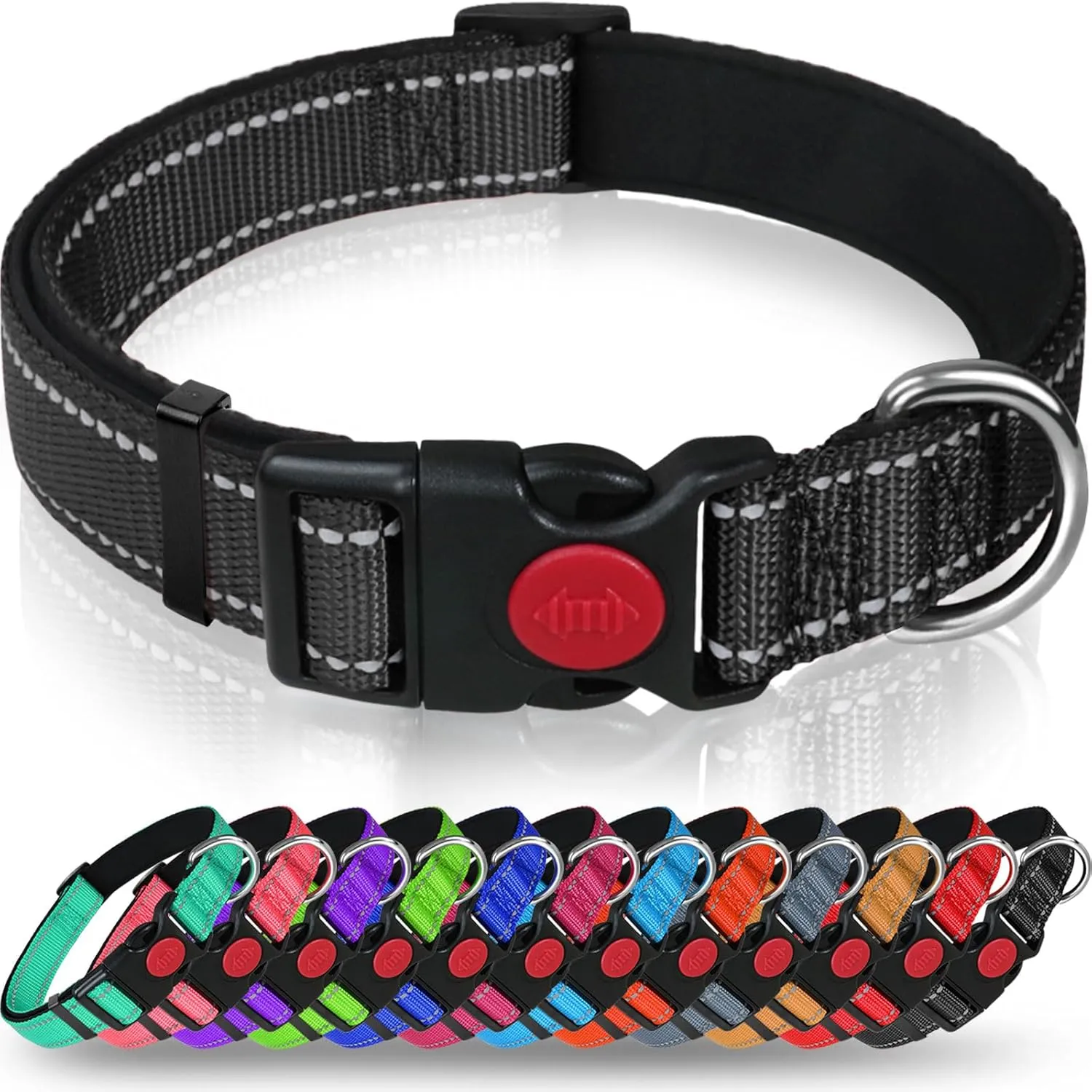 Bild von Taglory Hundehalsband aus gepolstertem Neopren und Nylon, verstellbar und reflektierend, geeignet für mittlere Hunde, in Schwarz