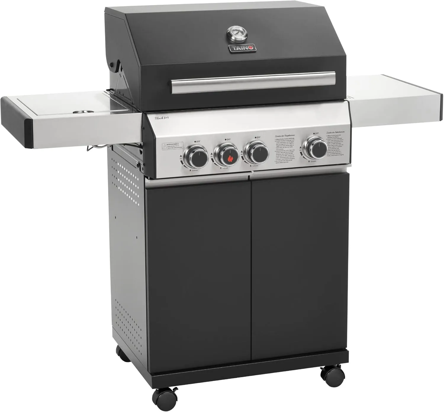 Bild von TAINO BLACK Gasgrill 3+1 mit 3 Brennern, Seitenkocher und Keramik Sear-Burner in Matt Schwarz