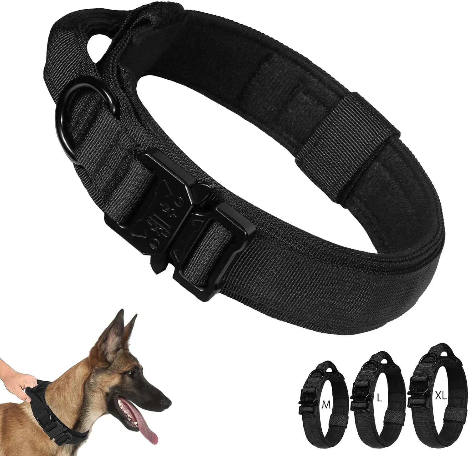 Bild von Taktisches Hundehalsband mit Kontrollgriff in Schwarz, Größe M, für kleine bis große Hunde
