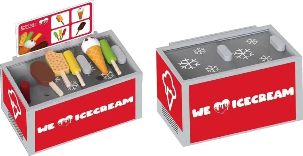 Bild von Tanner 0935.4 Eistruhe aus Holz für Kaufmannsladen mit verschiedenen Eissorten und Zubehör