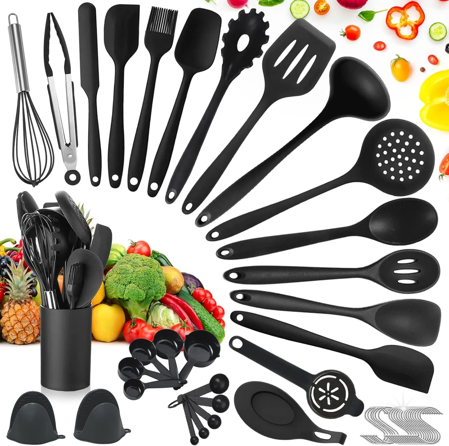 Bild von TAVADA 49-teiliges Küchenhelfer Set in Schwarz mit hitzebeständigem Kochgeschirr und Utensilienhalter, spülmaschinenfest