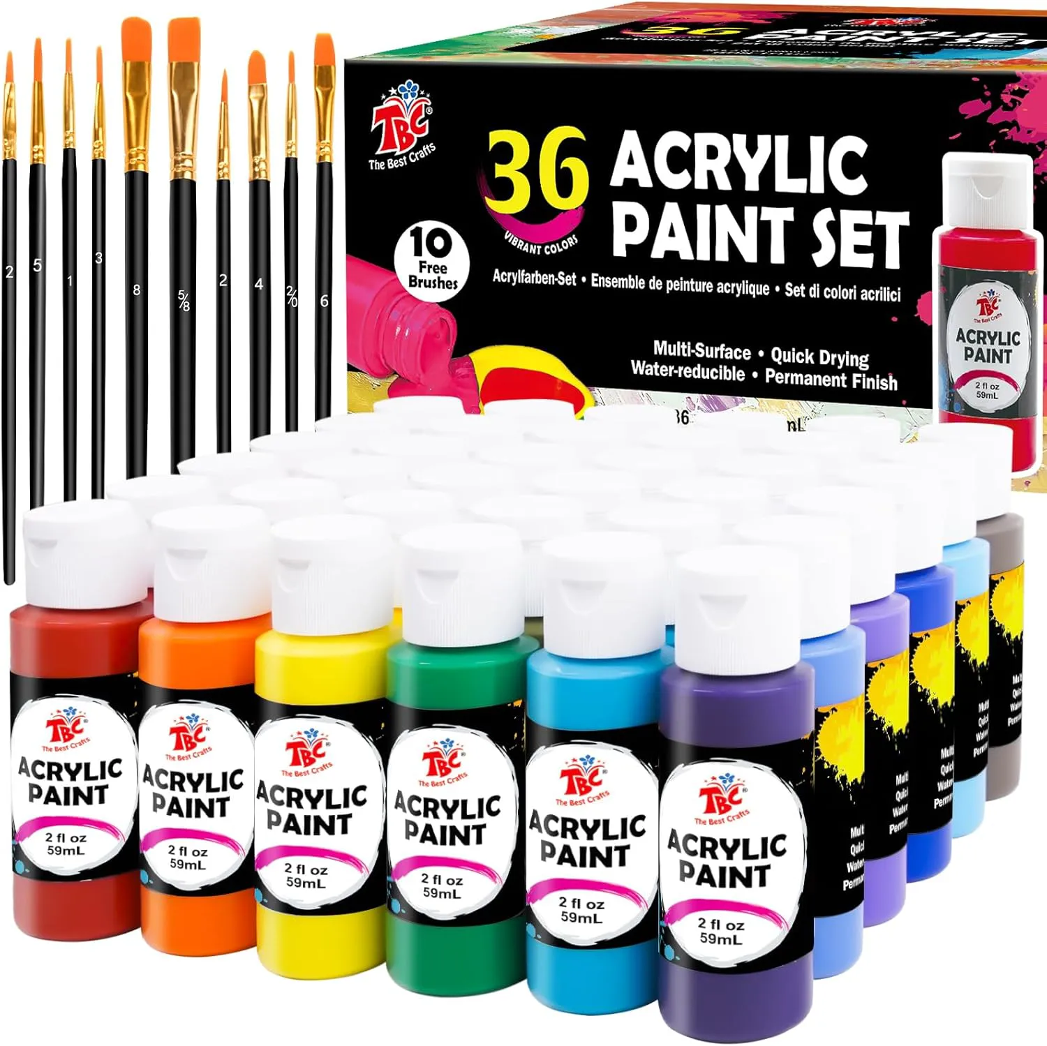 Bild von TBC Acrylfarben Set mit 36 x 60 ml Farben und 10 Pinseln, wasserfest und lichtecht, ideal für DIY-Projekte auf Stein, Keramik, Holz und Leinwand