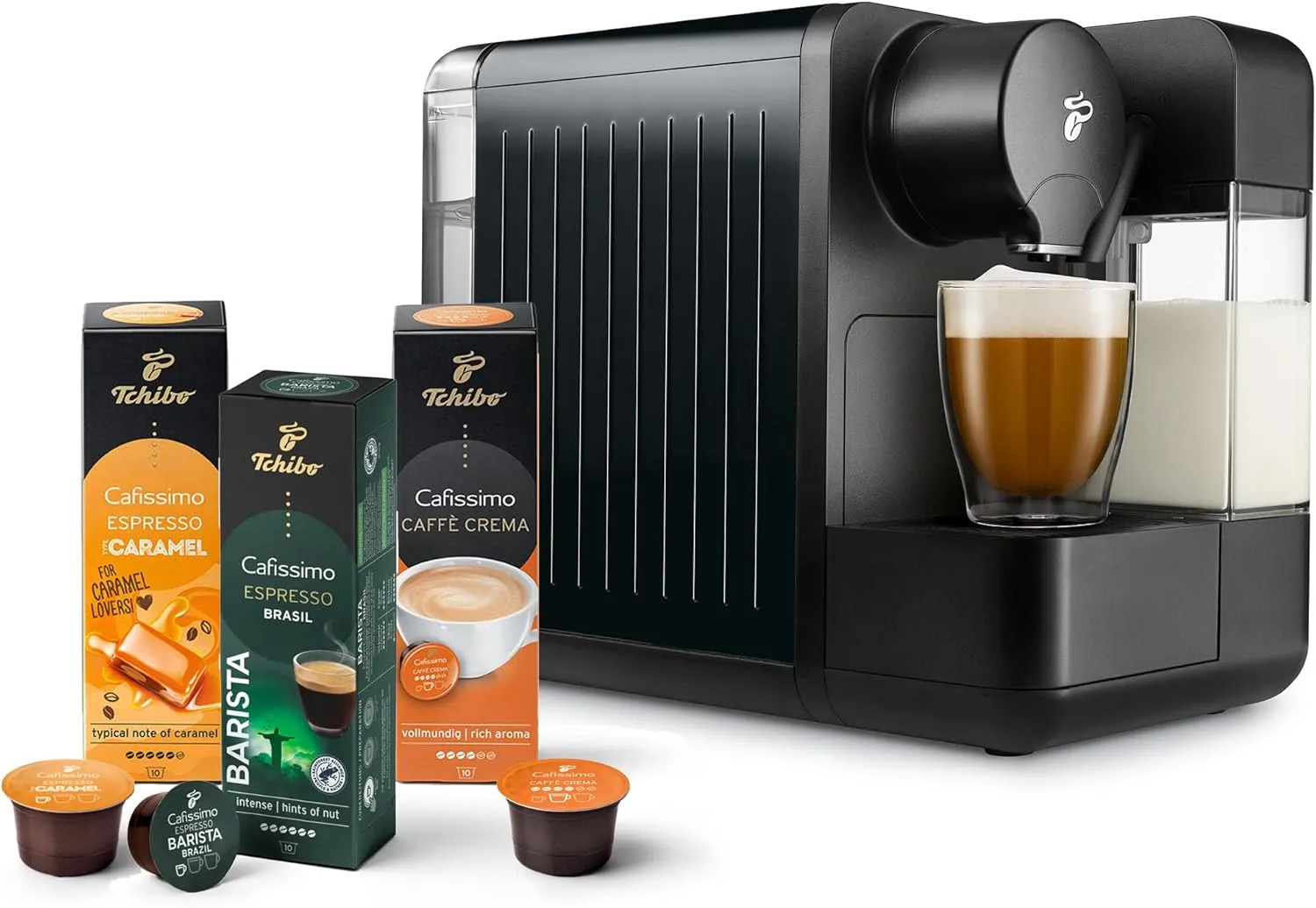 Bild von Tchibo Cafissimo Milk Kaffeemaschine in Schwarz mit 30 Kapseln für Caffè Crema, Espresso und Milchspezialitäten
