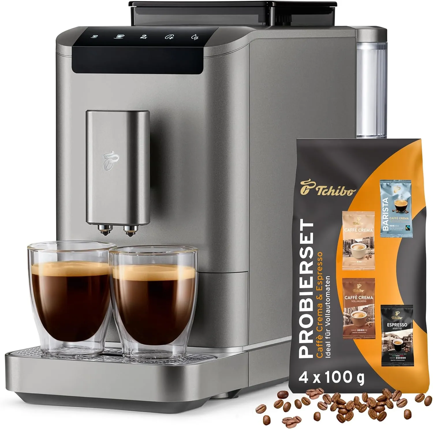 Bild von Tchibo Esperto2 Caffè Kaffeevollautomat in Titanium Silver mit 2-Tassen-Funktion und gratis Kaffeeprobierset