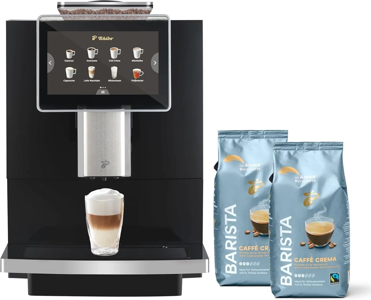 Bild von Tchibo Kaffeevollautomat mit Keramikmahlwerk und Farb-Touchdisplay inklusive 2 kg Barista Caffè Crema, 1500 Watt, 2 Liter Wassertank und Milchschaumfunktion