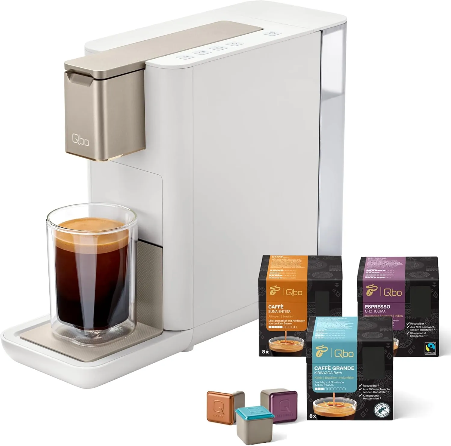 Bild von Tchibo Qbo ICONIC Premium Kapselmaschine in Light Gold mit 24 recyclebaren Kapseln für Espresso und Caffè