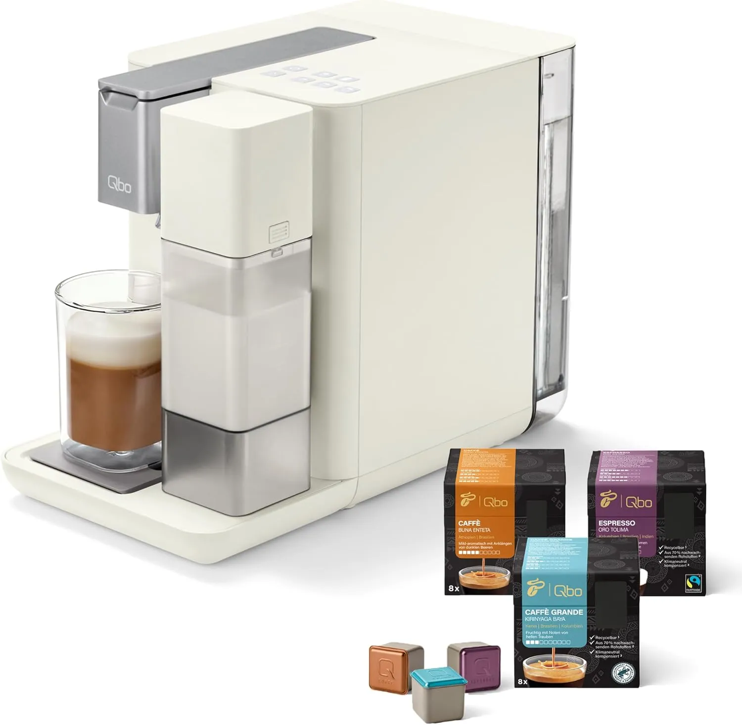 Bild von Tchibo Qbo MILK MASTER Premium Kapselmaschine in Weiß mit 24 recyclebaren Kapseln und abnehmbarem Milchtank
