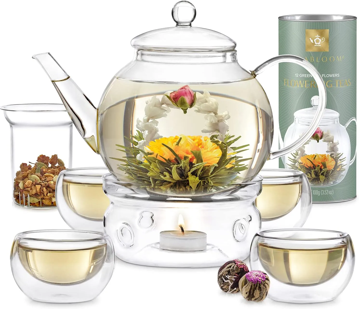 Bild von Teabloom Tee Set mit 1,2 L Glas Teekanne, herausnehmbarem Siebeinsatz, Stövchen, 4 isolierenden Glastassen und 12 Teeblumen