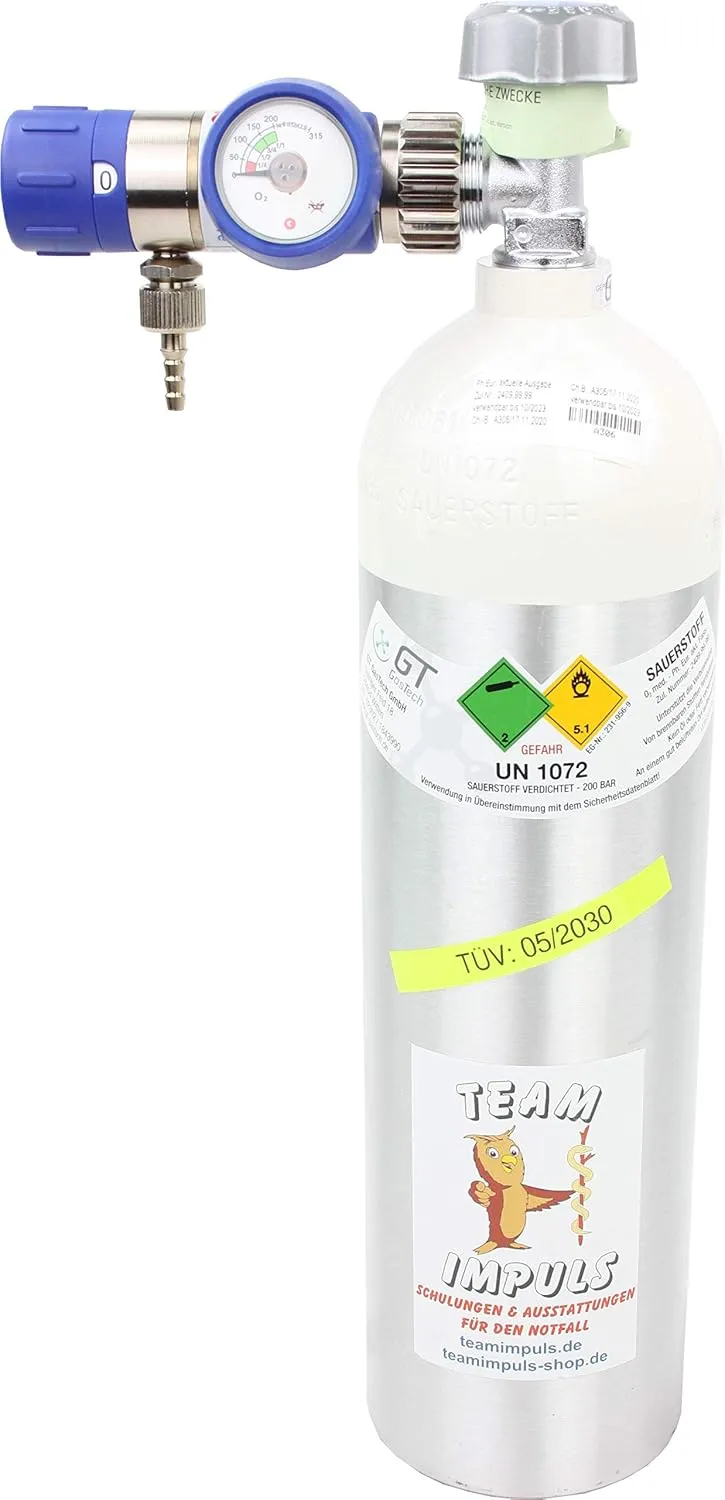 Bild von Team Impuls 1,8 Liter Aluminium Sauerstoffflasche mit Druckminderer MEDISELECT 25 02 D KL, 200 bar