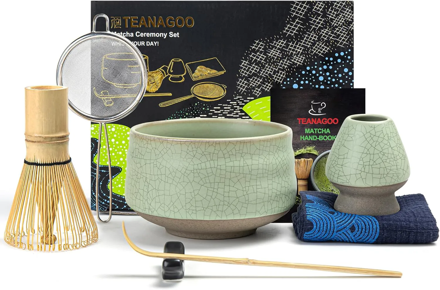 Bild von TEANAGOO Matcha Set mit 7 Teilen in Lichtgrün und Schwarz, inklusive Matcha Besen, Schale, Schaufel, Sieb und Besenhalter